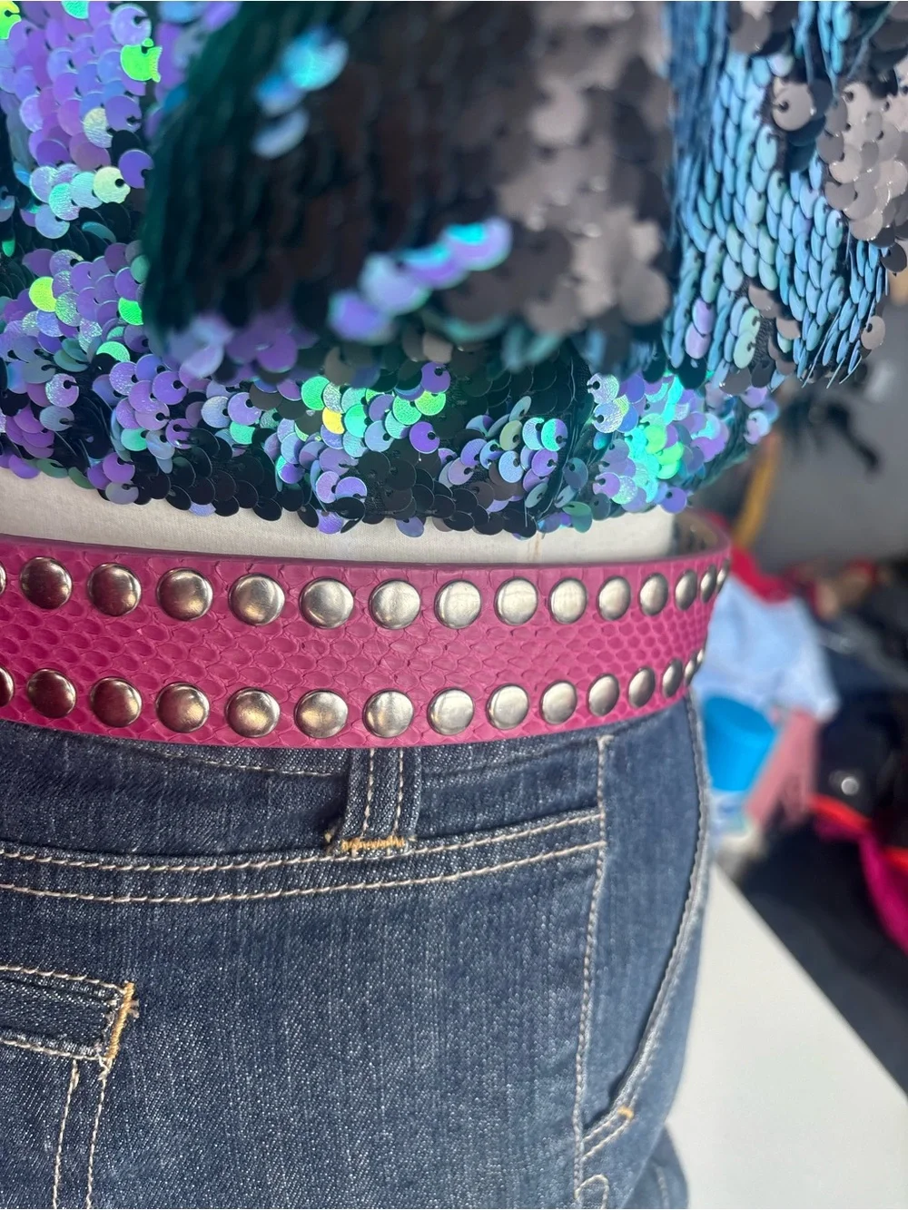 Vintage Y2K DKNY Pink Studded Leather Belt with Silver Buckle